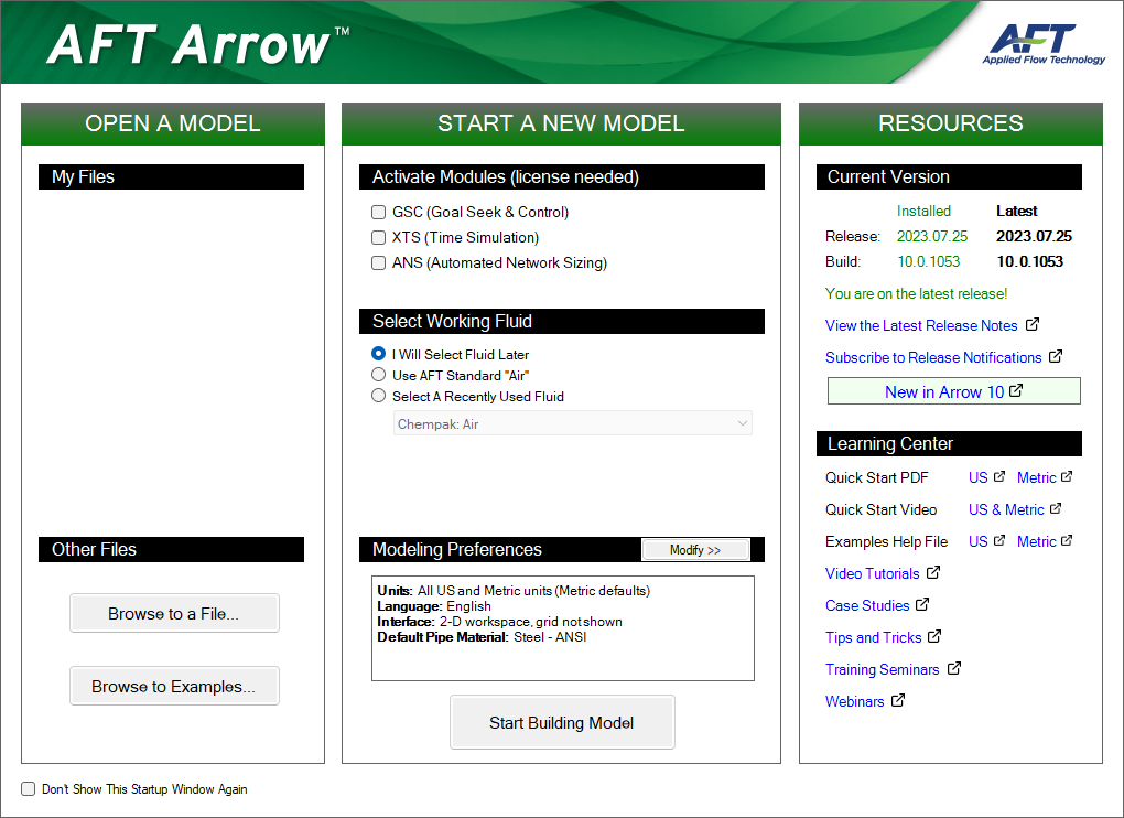 The Startup Window in AFT Arrow.